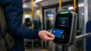Usuario paga el transporte público en Chile con una tarjeta bancaria sin contacto.